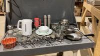 BOX W/ELECTRIC KETTLE, POTS + PANS, CUTLERY, CORELLE DISH SET (4 PLACE)