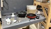 BOX +BASKET W/ELECTRIC WOK, FRYPAN, IMMERSION BLENDER W/ATTACHMENTS