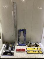 SHOP BOX W/ MIXED LEVELS, MEASURES, TROWELS & PLASTIC BRUSH