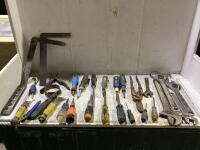 SHOP BOX OF MIXED TOOLS W/ WRENCHES, SCREWDRIVERS, LEVEL, OIL FILTER WRENCH, MEASURES & MISCELLANEOUS