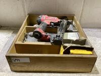 SHOP BOX OF MIXED STAPLES, NAILS & AIR STAPLER