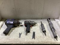 SHOP BOX OF PNEUMATIC TOOLS W/ (2) JET & INGERSOLL RAND IMPACT WRENCHES 1/2", 3/4", CHICAGO PNEUMATIC DIE GRINDER & WESTWARD RATCHET WRENCH 1/2"