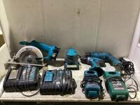 SHOP BOX OF MIXED CORDLESS & CORDED MAKITA TOOLS W/ (2) DRILLS, (4) BATTERY CHARGERS, (1) BATTERY, (1) SANDER & (1) CIRCULAR SAW