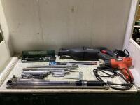 SHOP CRATE W/ RECIPROCATING SAW, HEAT GUN, EXTENSION SOCKETS, TORQUE WRENCH & MISCELLANEOUS
