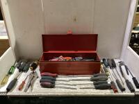METAL TOOLBOX W/ ASSORTED SCREWDRIVERS, WRENCHES, PLIERS