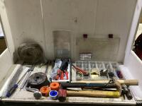 SHOP BOX W/ HAMMERS, GASKETS, RIVET GUN, FILES & MISCELLANEOUS