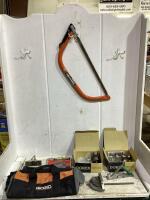 SHOP BOX W/ BOW SAW, DOOR KNOTS, TOOL BAG, CARBIDE TIPPED & MISCELLANEOUS