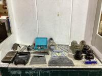 SHOP BOX W/ INSULATORS, DRILL BITS, CAMERA, SPREADERS & MISCELLANEOUS