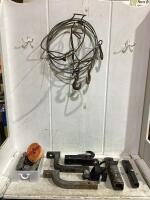 SHOP BOX W/ MIXED HITCHES, STRAPS & WIRE HOOKS