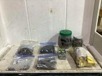 SHOP BOX W/ LAG SCREWS, ROOFING NAILS, ELETRIC FENCE INSULATORS & MISCELLANEOUS