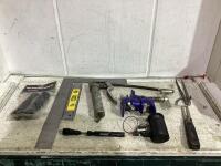SHOP BOX W/ GREASE GUN, LEVEL, CLAMPS, FLEXIBLE FLASH LIGHT & MISCELLANEOUS