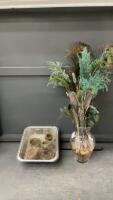VASE W/ PEACOCK FEATHERS AND SMALL BIRDS NESTS