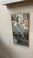 METAL FRAMED MIRROR W/ ETCHED PARROT DESIGN