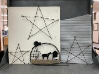 BARB WIRE WESTERN DECOR - A HORSE & OUTHOUSE SCENE & (3) STARS