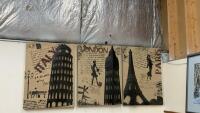 (3) BURLAP LIKE PICTURES W/ 3-D METAL HISTORICAL BUILDINGS IN PARIS, LONDON & ITALY