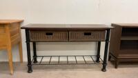 SOFA TABLE W/ WOODEN TOP, METAL FRAME & WICKER BASKETS