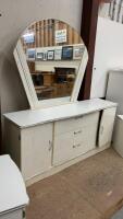 RETRO LOOKING DRESSER W/ MIRROR & (2) END TABLES