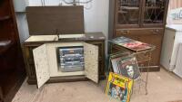 VINTAGE RADIO CABINET MODIFIED TO HOLD A CURTIS RECORD/CASSETTE, CD PLAYER & A VINTAGE RECORD HOLDER W/ RECORDS