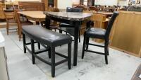 TRIANGLE STYLE BAR HEIGHT TABLE W/ BENCH & (2) CHAIRS