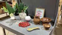 BOX W/ HAND MADE WOOD BOWLS,2 VASES WITH ARTIFICIAL PLANTS, SPOON REST, WOOD TRIVET, DOTERRA DIFFUSER