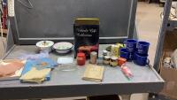 BOX W/VINTAGE KITCHEN SPICE/INGREDIENT CONTAINERS, ANTIQUE LADY&rsquo;S GLOVES, HANDPAINTED KEEPSAKES