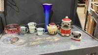 VINTAGE RED/FLORAL RAISED CANDY DISH, DOG COOKIE JAR + NAPKIN HOLDER, SANTA TEAPOT W/CUP