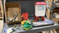 BOX W/CHICKEN WATERER, SMALL FERTILIZER SPREADER, SOAKER HOSE