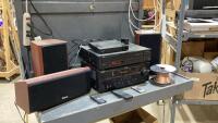SHELF #4 - YAMAHA SOUND AV RECEIVER, YAMAHA CD PLAYER, SONY BLU-RAY PLAYER, AXIOM SUBWOOFER + SPEAKERS + STANDS