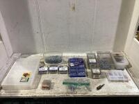 SHOP BOX W/ TACKLE BOX, MIXED SCREWS, NAILS, WASHERS & BOLTS