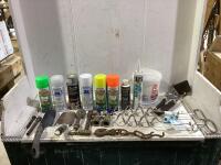 SHOP BOX W/ RUST-OLEUM, SPIRAL, VALVES, CHAIN HOOK & MISCELLANEOUS