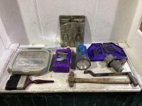 SHOP BOX W / PILERS, HAMMER, BRUSH, SOCKET SET & MISCELLANEOUS