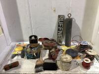 SHOP BOX W/ MIXED WIRES, STRAP, BRUSHES, REFLECTIVE ROLL & MISCELLANEOUS