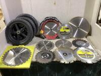 SHOP BOX W/ (3) PLASTIC TIRES & (10) MIXED SAW BLADES