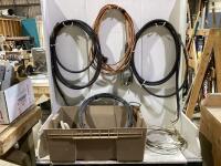 SHOP TOTE W/ EXTENSION CORDS, WIRE ROPE, WORKLIGHT, ROPE + CHAINS HOOK & MISCELLANEOUS