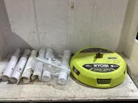 SHOP BOW W/ POWERFIST TUBE ROD HOLDERS & RYOBI SURFACE CLEANER ATTACHMENT 15"