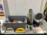 SHOP TOTE W/ PROPANE HEATER, MIXED HAND SANDERS & SPREADERS