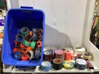 SHOP TOTE OF MIXED TAPES W/ DRYWALL TAPES, GORILLA TAPE, SHEATING TAPE & MISCELLANEOUS