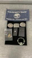 (3) SMALL HESSTON BELT BUCKLES, (4) PIECES COSTUME JEWELRY & A HESSTON 1977 PENCIL CASE