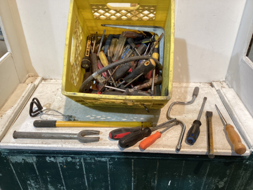 MILK CRATE OF MISC TOOLS