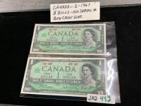 (2) CANADA 1967 $1 BILLS - NO SERIAL NUMBERS