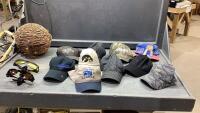 BOX WITH BALL CAPS, SUNGLASSES, OUTDOOR PATIO LIGHT