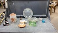 FLAT W/GINGERBREAD MAN COOKIE JARS, SOME FIRE KING, POSSIBLE URANIUM GLASS BUTTER DISH COVER
