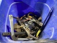 SHOP BIN OF MISCELLANEOUS W/ STRAPS, CHAINS, SAWS, GREASE GUN, SCREWDRIVER & PILERS