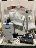 MAKITA BACKPACK PORTABLE VACUUM W/ (2) BATTERIES, (4) BAG FILTERS, DOUBLE CHARGER & EXTRA VACUUM ACCESSORIES