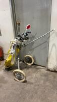 VINYL GOLF BAG ON PUSH CART W/ (15) CLUBS