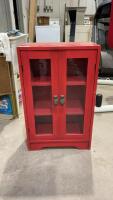 SMALL RED CABINET W/ DOUBLE GLASS DOORS