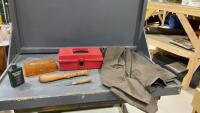 SMALL TACKLE BOX & RED TOOL BOX W/ RED BALL HIP WADERS, FILET KNIFE, FISH BONKER, BERKLEY STRIKE