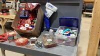 BOX W/ DECORATIONS, STOCKINGS, MUG, CANDLE HOLDER VILLAGE PIECES, RIBBON,