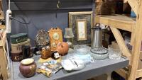 BOX + LAUNDRY BASKET W/FLOWER PICTURE, PIGGY BANK, BAROMETER, GLASS BAG