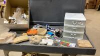 (2)ITEMS - BOX W/WOOD CUT-OUTS + ORGANIZER W/BEADS, SMALL PLIERS